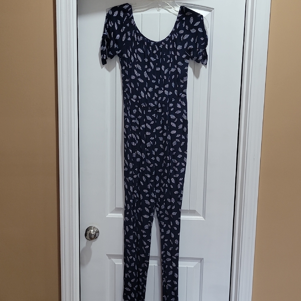 Navy Leaf Print Jumpsuit